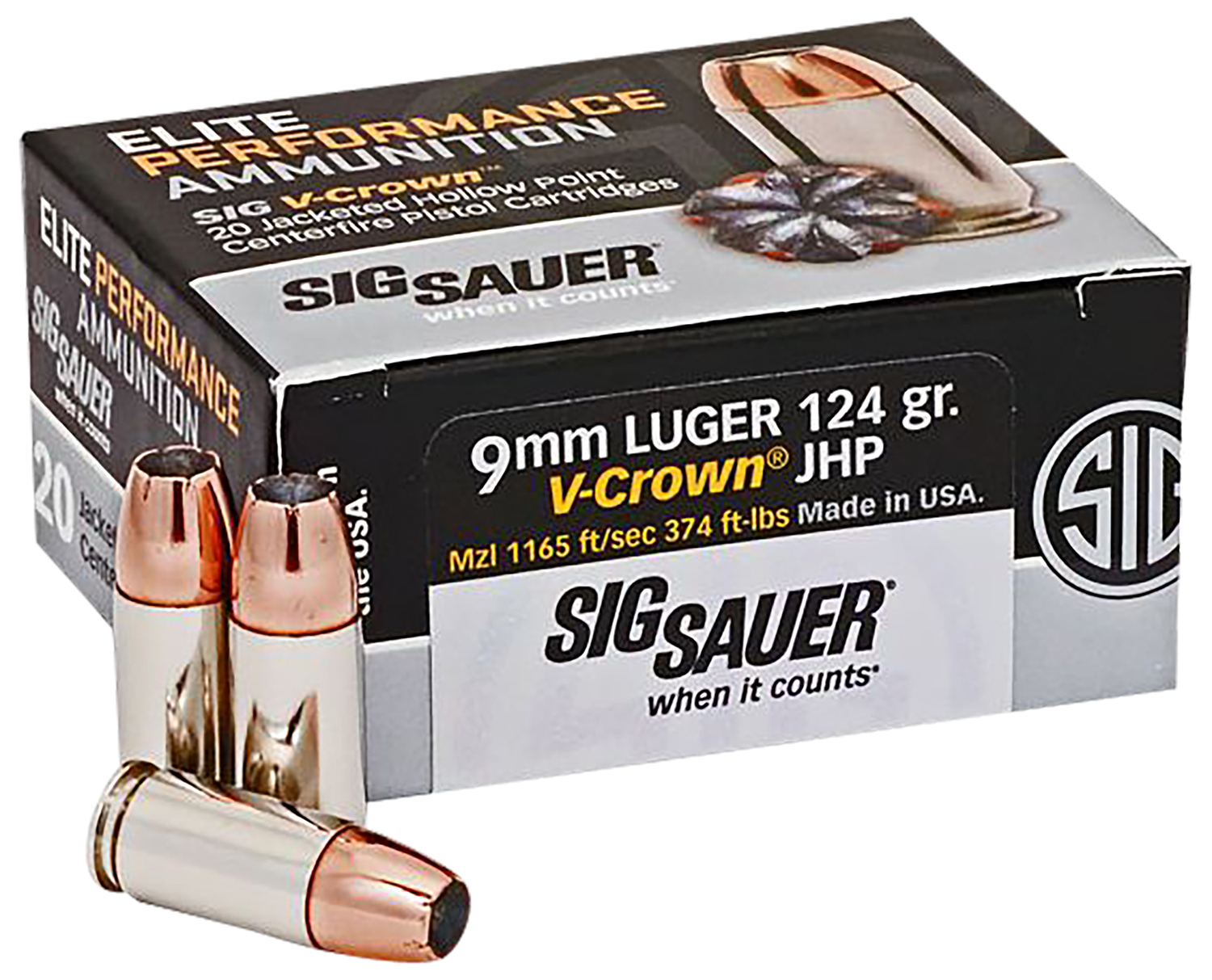 SIG SAUER Elite V-Crown 9mm Luger 124 Grain Jacketed Hollow Point Brass ...